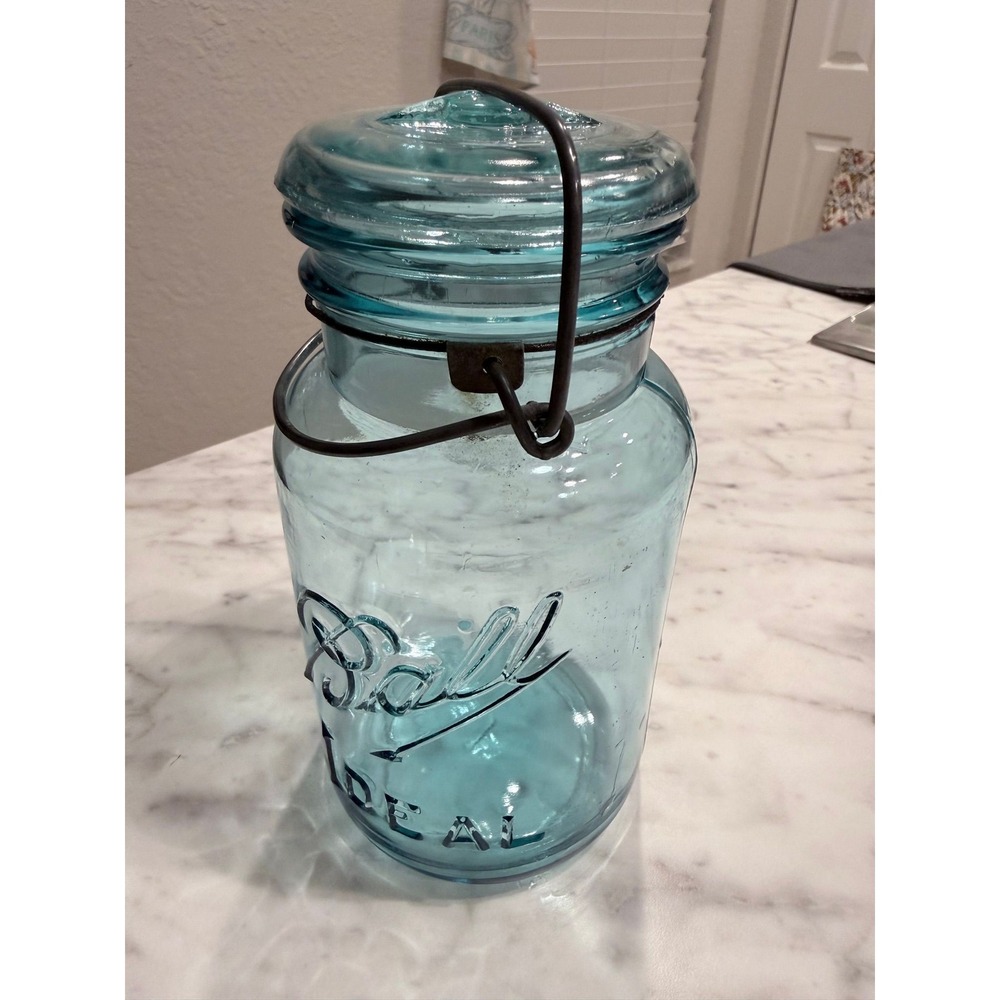 Vintage Ball Ideal Aqua Blue Glass Mason Jar with Glass Lid and Wire Bail